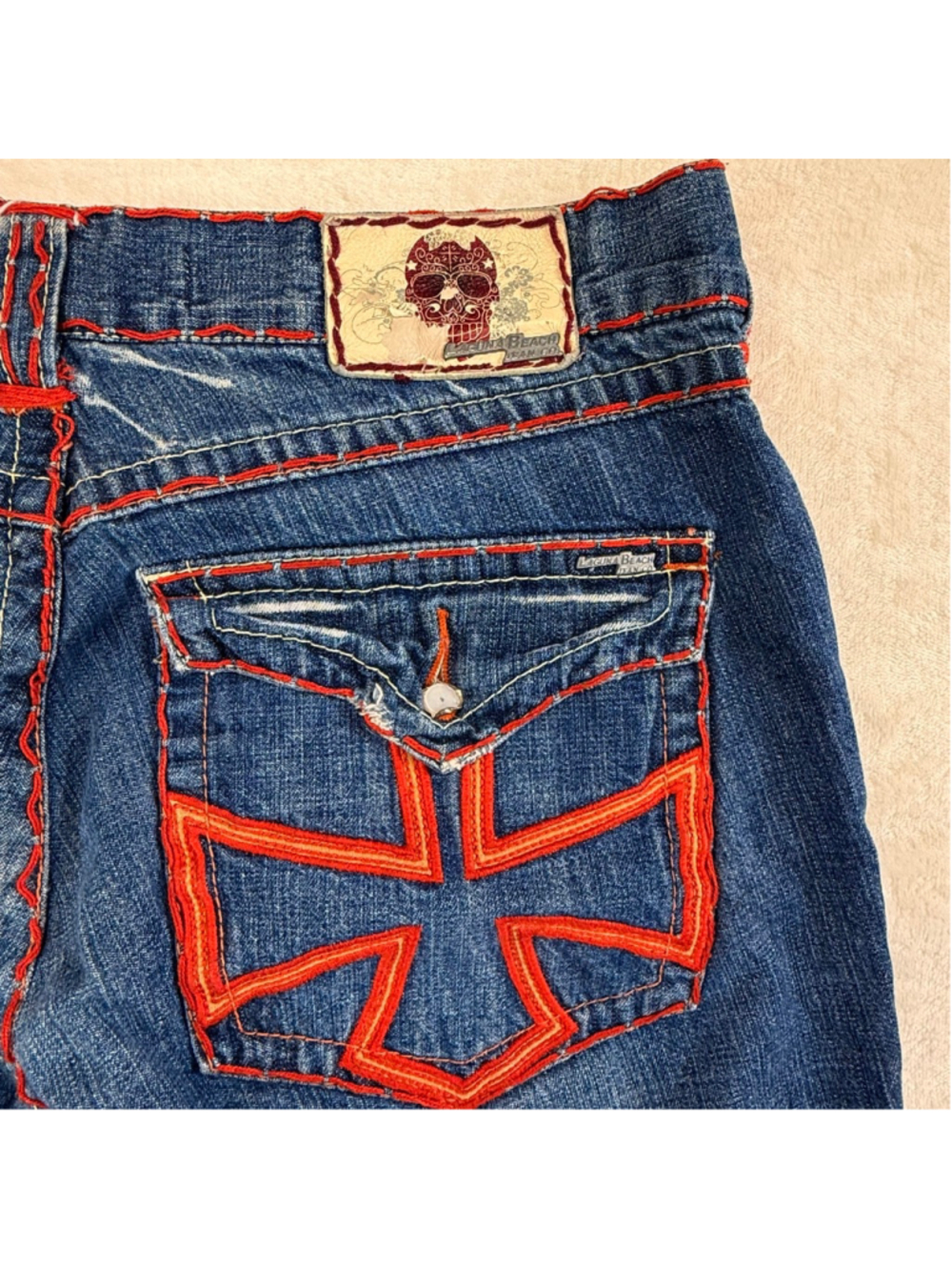 Women's Laguna Beach Vintage Y2K Boot Cut Jeans Red Stitching Skulls Size 34 - Picture 9 of 16
